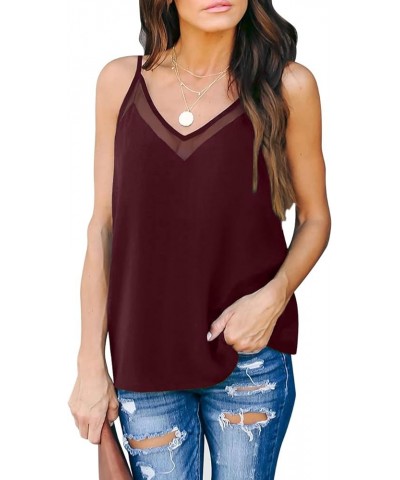 Womens Mesh V Neck Spaghetti Strap Tank Tops Lace Camisole Chiffon Dressy Cami Flowy Top Sleeveless Blouse Shirt 1-wine $12.9...