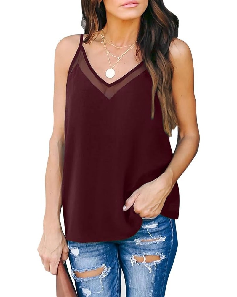 Womens Mesh V Neck Spaghetti Strap Tank Tops Lace Camisole Chiffon Dressy Cami Flowy Top Sleeveless Blouse Shirt 1-wine $12.9...