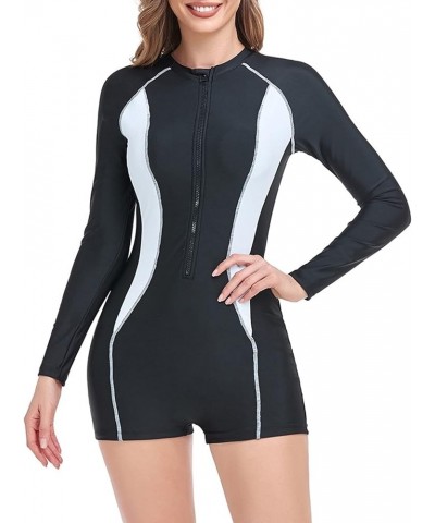 Womens Rash Guard with Sleeves Athletic Surfing Swimsuit Built-in Bra Bathing Suit with Boyshort White $24.07 Swimsuits