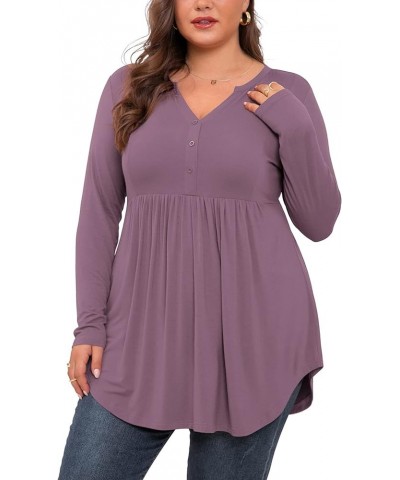 Women's Plus Size Henley Shirts V Neck Button Tunic Tops Casual Long Sleeve Swing Flowy Blouse Long Sleeve Mauve $9.61 Tops