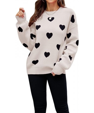 Women Heart Sweater Pullover Long Sleeve Crewneck Knitted Jumper Cozy Casual Knit Sweaters Tops N Black/Creamy White $10.12 S...