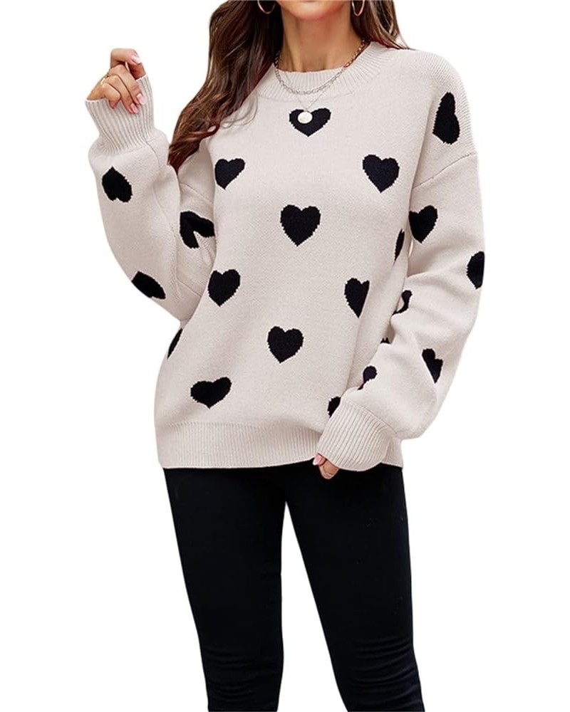 Women Heart Sweater Pullover Long Sleeve Crewneck Knitted Jumper Cozy Casual Knit Sweaters Tops N Black/Creamy White $10.12 S...