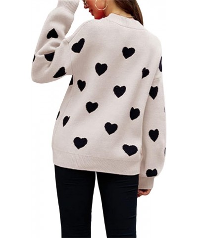 Women Heart Sweater Pullover Long Sleeve Crewneck Knitted Jumper Cozy Casual Knit Sweaters Tops N Black/Creamy White $10.12 S...