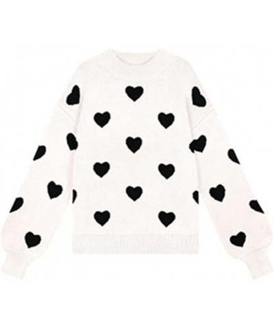 Women Heart Sweater Pullover Long Sleeve Crewneck Knitted Jumper Cozy Casual Knit Sweaters Tops N Black/Creamy White $10.12 S...