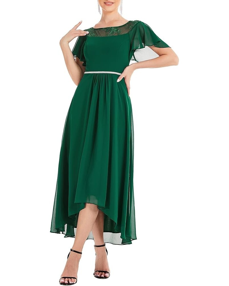 Women's A-line Short Sleeve High Low Lace Chiffon Midi Bridesmaid Dress 0465 Green $33.57 Dresses