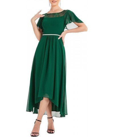 Women's A-line Short Sleeve High Low Lace Chiffon Midi Bridesmaid Dress 0465 Green $33.57 Dresses