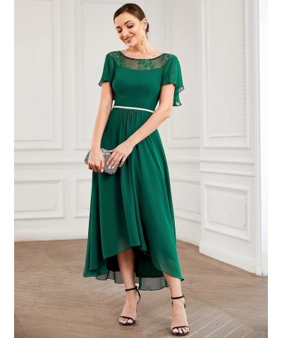 Women's A-line Short Sleeve High Low Lace Chiffon Midi Bridesmaid Dress 0465 Green $33.57 Dresses