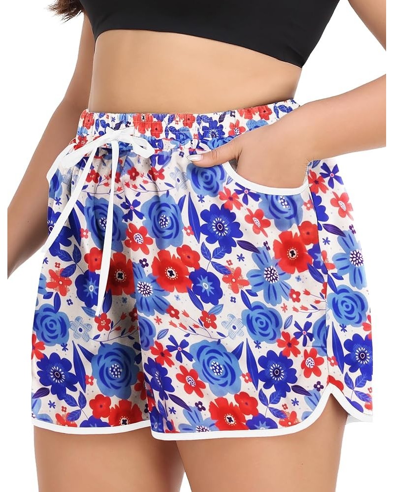 Womens Plus Size Board Shorts Quick Dry Beach Shorts Swim Shorts with Pockets Swimmwear 2_red Blue Floral $11.25 Swimsuits