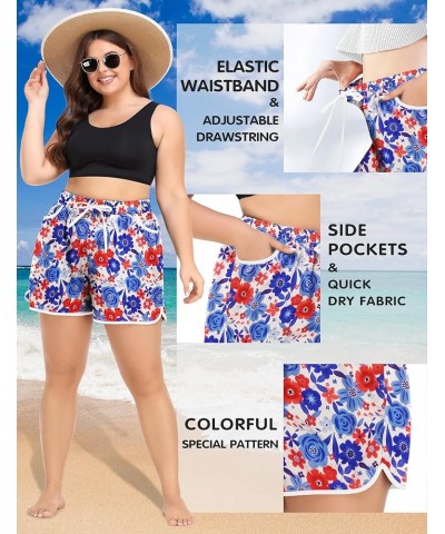 Womens Plus Size Board Shorts Quick Dry Beach Shorts Swim Shorts with Pockets Swimmwear 2_red Blue Floral $11.25 Swimsuits