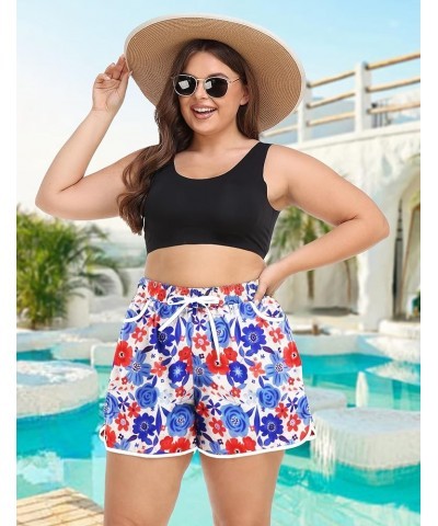 Womens Plus Size Board Shorts Quick Dry Beach Shorts Swim Shorts with Pockets Swimmwear 2_red Blue Floral $11.25 Swimsuits