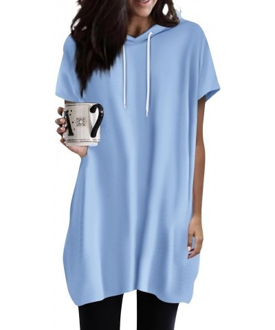 Summer Hoodies for Women Short Sleeve Crew Neck Oversized Sweatshirts Drawstring Solid Color Tunic Topss with Pockets Light B...