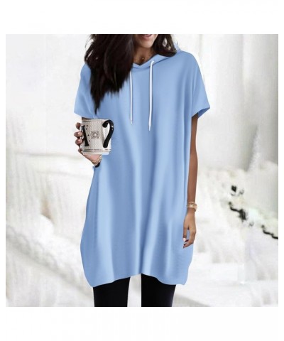 Summer Hoodies for Women Short Sleeve Crew Neck Oversized Sweatshirts Drawstring Solid Color Tunic Topss with Pockets Light B...