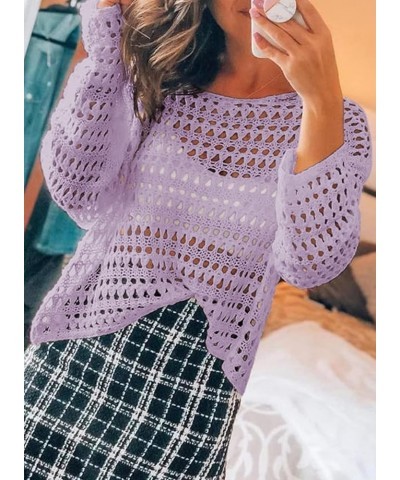 Women's Summer Crochet Hollow Out Long Sleeve Crewneck Beach Bikini Swimsuit Mesh Cover Up Tunic Top Purple $17.39 Swimsuits