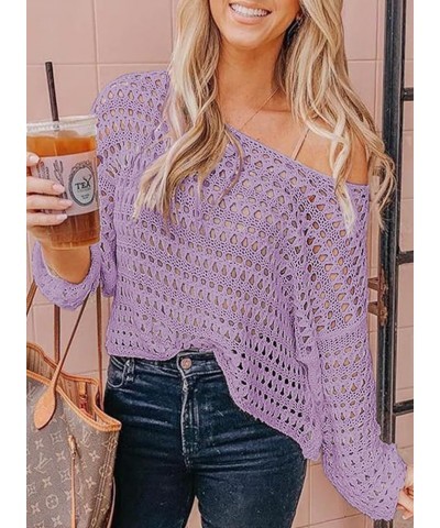 Women's Summer Crochet Hollow Out Long Sleeve Crewneck Beach Bikini Swimsuit Mesh Cover Up Tunic Top Purple $17.39 Swimsuits