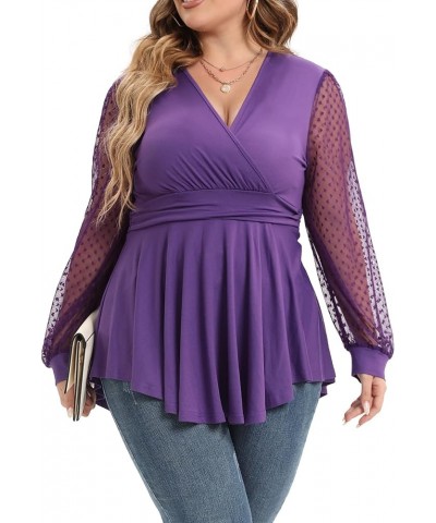 Plus Size Tunic Tops Women Lace Long Sleeve Faux Wrap V Neck Dressy Shirts 850-purple $9.71 Tops