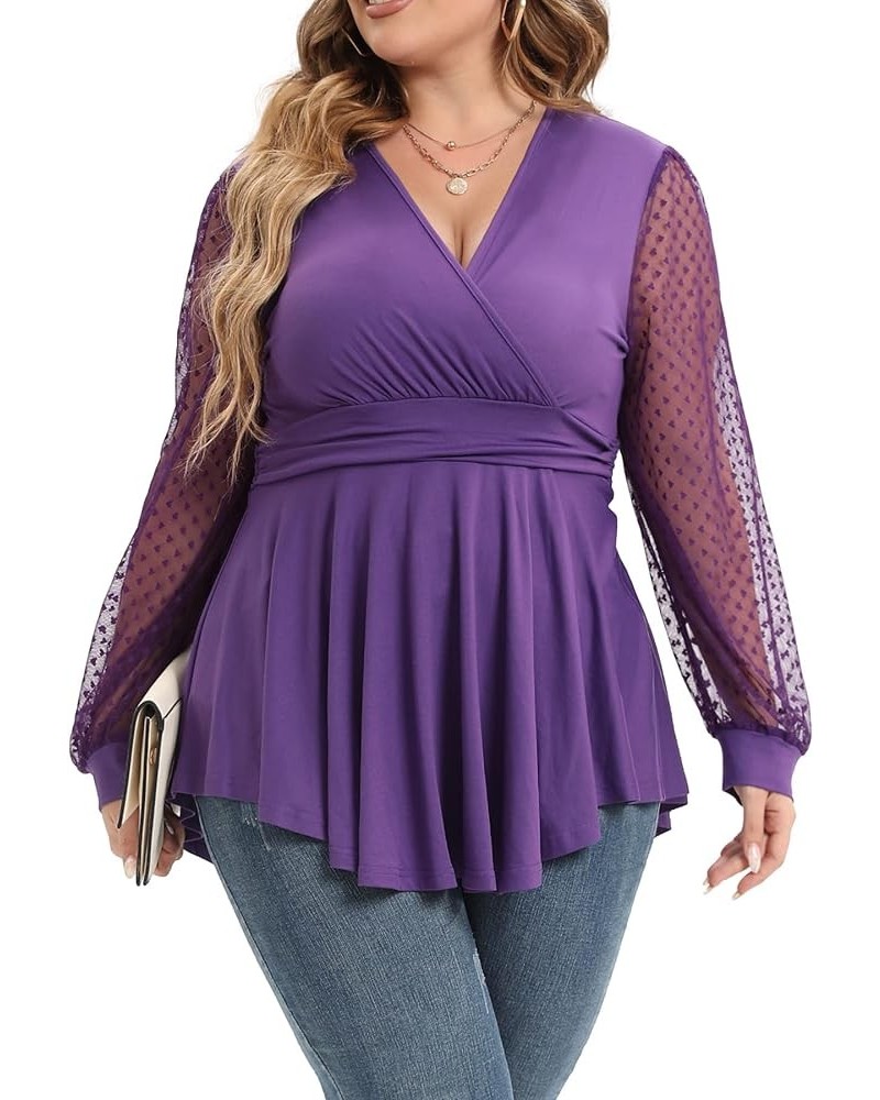 Plus Size Tunic Tops Women Lace Long Sleeve Faux Wrap V Neck Dressy Shirts 850-purple $9.71 Tops