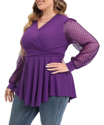 Plus Size Tunic Tops Women Lace Long Sleeve Faux Wrap V Neck Dressy Shirts 850-purple $9.71 Tops