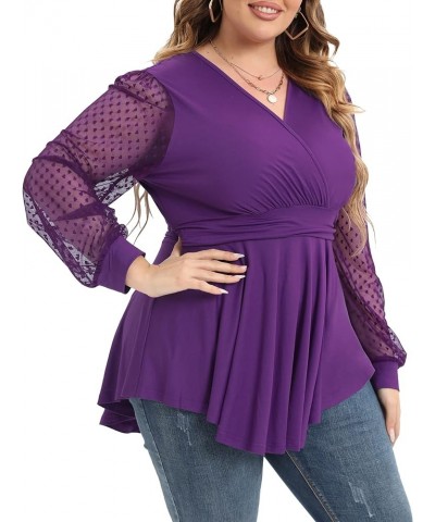 Plus Size Tunic Tops Women Lace Long Sleeve Faux Wrap V Neck Dressy Shirts 850-purple $9.71 Tops