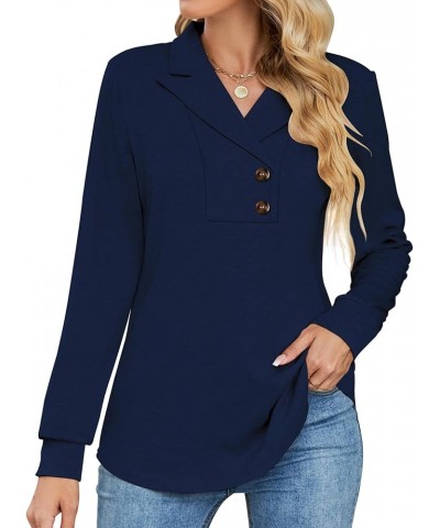 Women's Long Sleeve Button Lapel Tunic Tops V Neck Business Casual Swing Sweatshirt Pullover Navy Blue $19.52 Tops