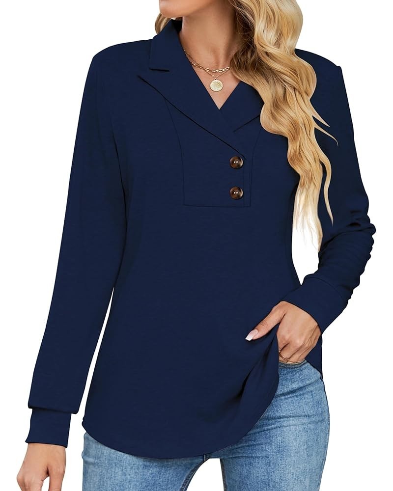 Women's Long Sleeve Button Lapel Tunic Tops V Neck Business Casual Swing Sweatshirt Pullover Navy Blue $19.52 Tops