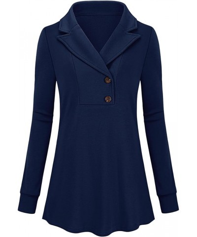 Women's Long Sleeve Button Lapel Tunic Tops V Neck Business Casual Swing Sweatshirt Pullover Navy Blue $19.52 Tops