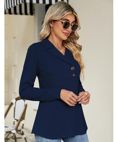 Women's Long Sleeve Button Lapel Tunic Tops V Neck Business Casual Swing Sweatshirt Pullover Navy Blue $19.52 Tops