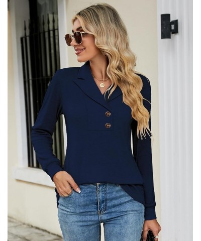 Women's Long Sleeve Button Lapel Tunic Tops V Neck Business Casual Swing Sweatshirt Pullover Navy Blue $19.52 Tops