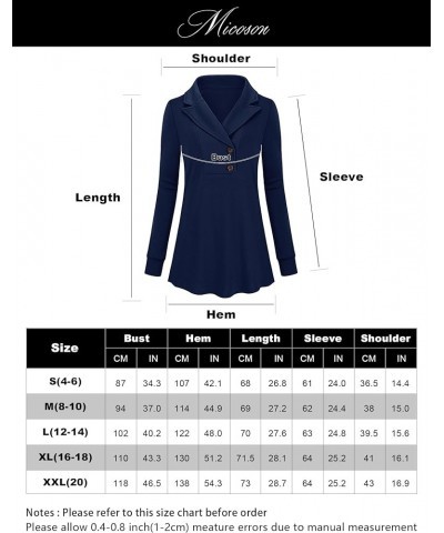 Women's Long Sleeve Button Lapel Tunic Tops V Neck Business Casual Swing Sweatshirt Pullover Navy Blue $19.52 Tops