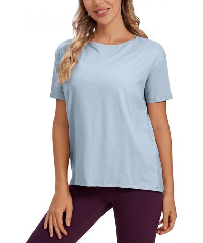 Women's Pima Cotton Short Sleeve Shirts Loose Fit Gym Workout T-Shirt Athletic Casual Tops Blue Linen $15.66 Activewear