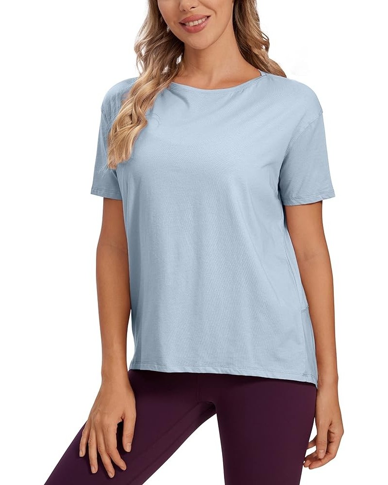 Women's Pima Cotton Short Sleeve Shirts Loose Fit Gym Workout T-Shirt Athletic Casual Tops Blue Linen $15.66 Activewear