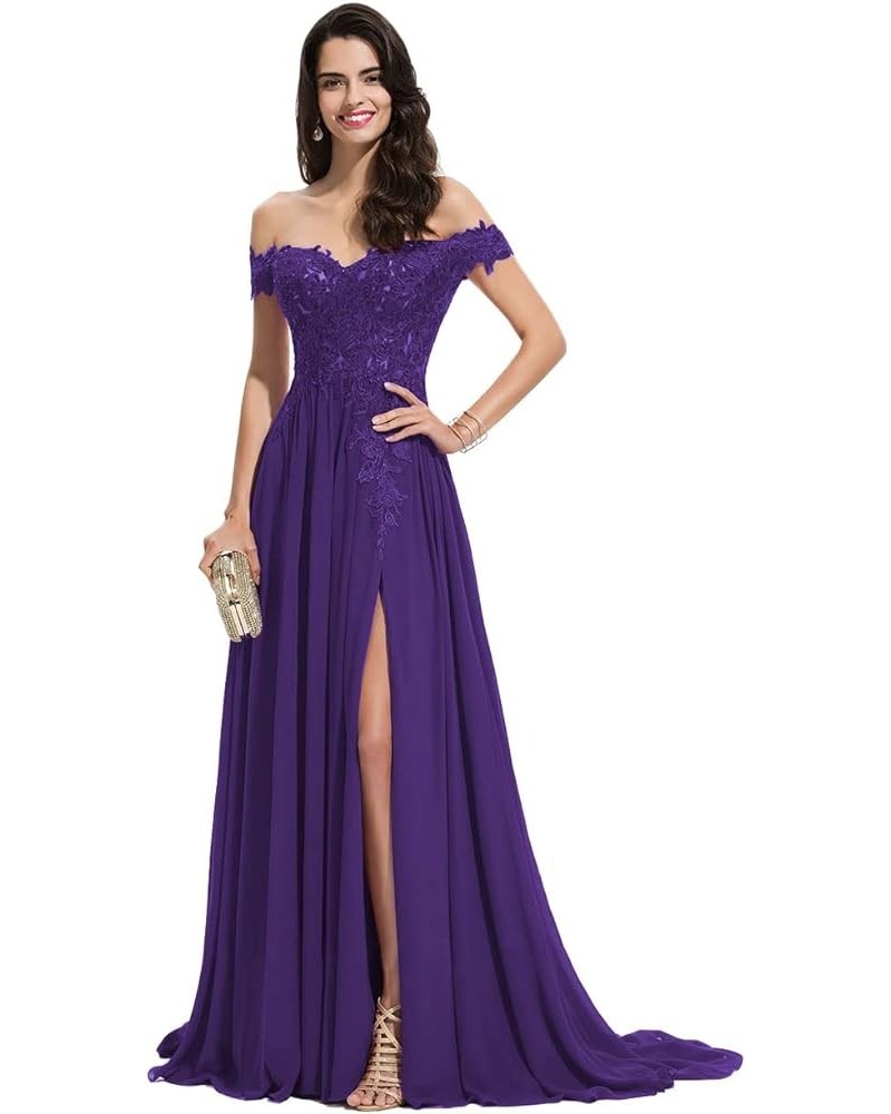 Women's Off The Shoulder Long Prom Dresses with Slit Lace Appliqued Chiffon Formal Party Gowns MD8542 Purple $45.84 Dresses