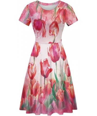 Women Summer Casual Colorful Splash Oil Paint Print Short Sleeve Midi Dresses S-4XL Mother Day Tulip Paint $14.55 Dresses