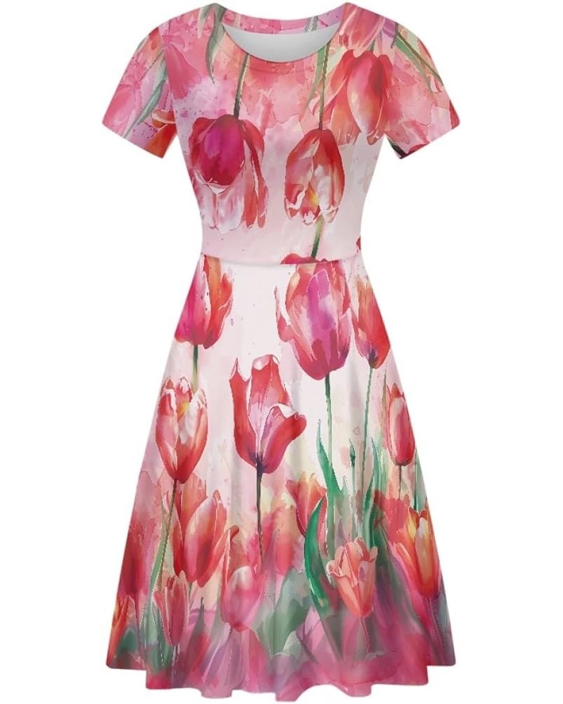 Women Summer Casual Colorful Splash Oil Paint Print Short Sleeve Midi Dresses S-4XL Mother Day Tulip Paint $14.55 Dresses