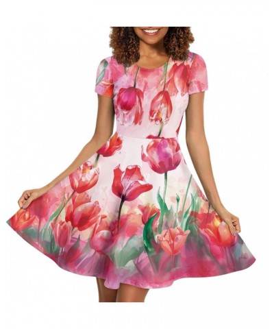 Women Summer Casual Colorful Splash Oil Paint Print Short Sleeve Midi Dresses S-4XL Mother Day Tulip Paint $14.55 Dresses