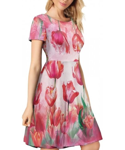 Women Summer Casual Colorful Splash Oil Paint Print Short Sleeve Midi Dresses S-4XL Mother Day Tulip Paint $14.55 Dresses