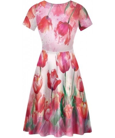 Women Summer Casual Colorful Splash Oil Paint Print Short Sleeve Midi Dresses S-4XL Mother Day Tulip Paint $14.55 Dresses