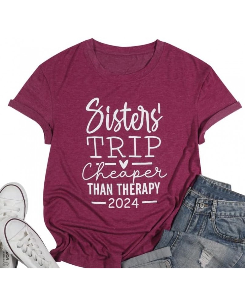 Sisters Trip Cheaper Than Therapy 2024 T Shirt Women Funny Travel Tee Shirt Casual Vacation Short Sleeve Tee Tops Purple $12....