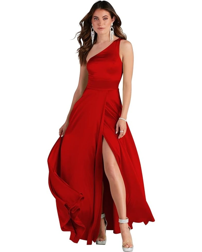 Women's Satin Bridesmaid Dresses Long One Shoulder A Line Formal Dress with Slit Red $42.62 Dresses