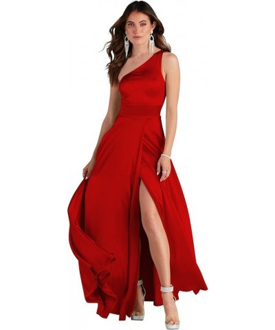 Women's Satin Bridesmaid Dresses Long One Shoulder A Line Formal Dress with Slit Red $42.62 Dresses