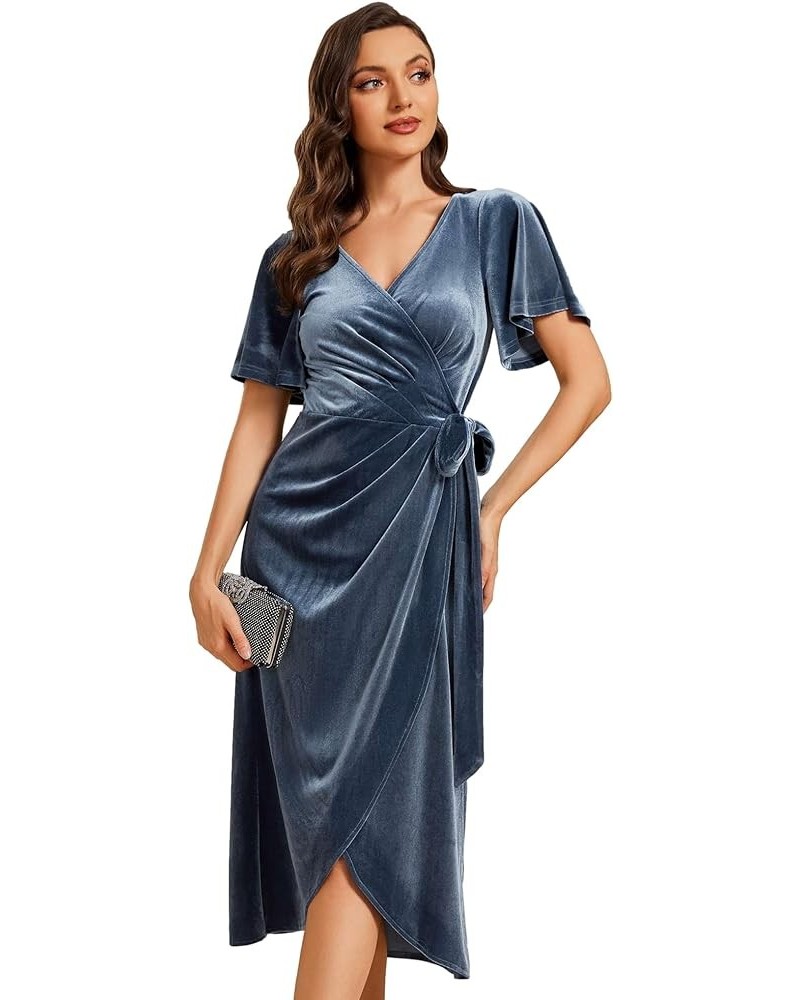 Women's Velvet A-Line V Neck Ruffled Sleeves Wedding Guest Dress 01964 Dusty Blue $28.49 Dresses