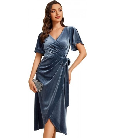 Women's Velvet A-Line V Neck Ruffled Sleeves Wedding Guest Dress 01964 Dusty Blue $28.49 Dresses