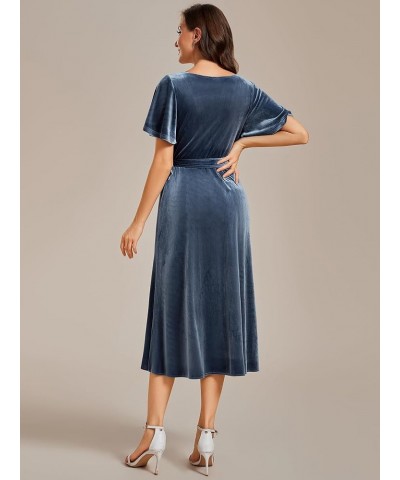 Women's Velvet A-Line V Neck Ruffled Sleeves Wedding Guest Dress 01964 Dusty Blue $28.49 Dresses