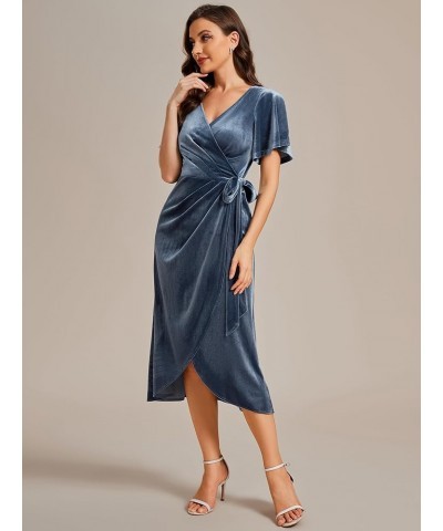 Women's Velvet A-Line V Neck Ruffled Sleeves Wedding Guest Dress 01964 Dusty Blue $28.49 Dresses