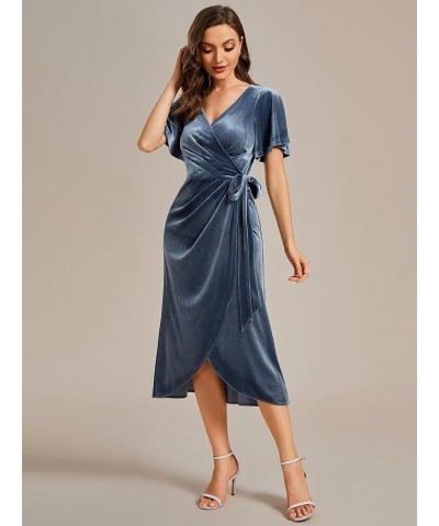 Women's Velvet A-Line V Neck Ruffled Sleeves Wedding Guest Dress 01964 Dusty Blue $28.49 Dresses