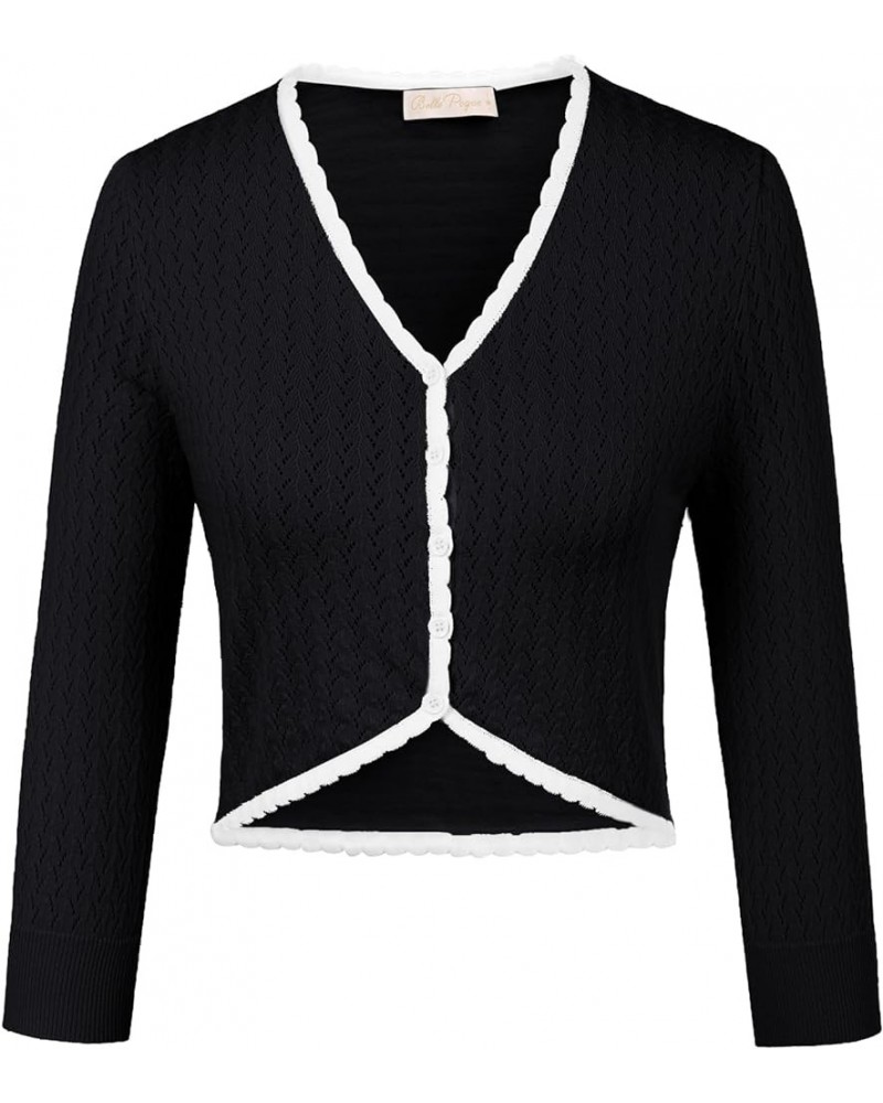 Womens Summer 3/4 Sleeve Bolero Shrug for Dress Open Front Scalloped Knit Cropped Cardigan Sweater Lightweight Black(white Sc...