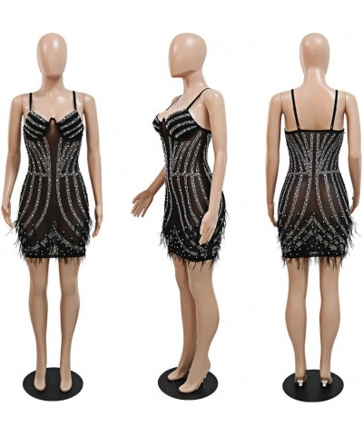 Women's Sexy Mesh Hot Drilling Process Mini Dress Spaghetti Straps Rhinestone Dress Party Club Night Dress Apricot a $15.54 D...