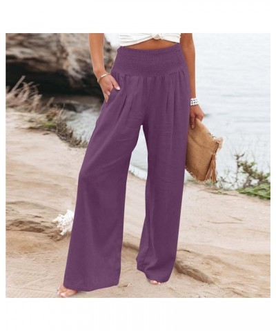 Womens Palazzo Pants Casual Smocked Elastic High Waist Wide Leg Trousers Summer Beach Pants Flowy Linen Lounge Pants 15 Purpl...