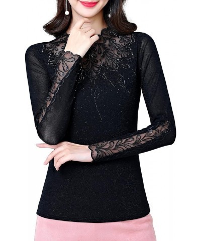 Women's Elegant Lace Embroidered Tops Long Sleeve Casual Mesh Rhinestone Blouses Work Shirts Black $23.77 Tops