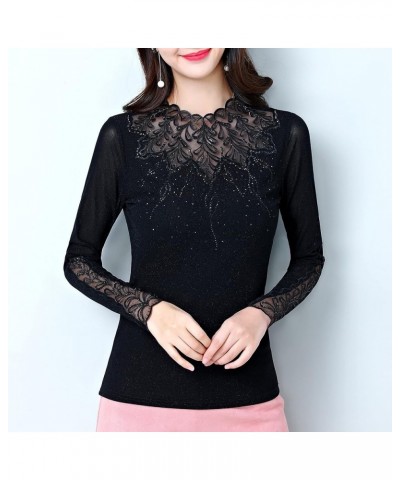 Women's Elegant Lace Embroidered Tops Long Sleeve Casual Mesh Rhinestone Blouses Work Shirts Black $23.77 Tops