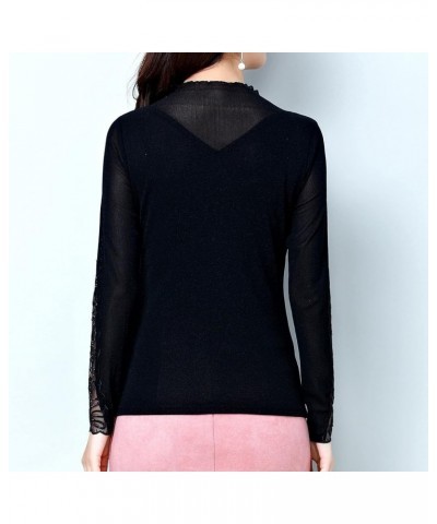 Women's Elegant Lace Embroidered Tops Long Sleeve Casual Mesh Rhinestone Blouses Work Shirts Black $23.77 Tops